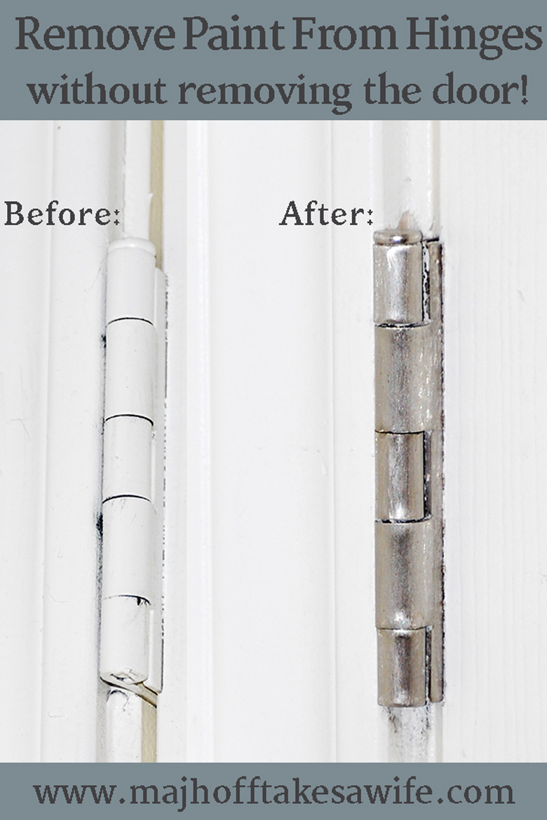 before and after pictures of a door hinge that has had paint removed