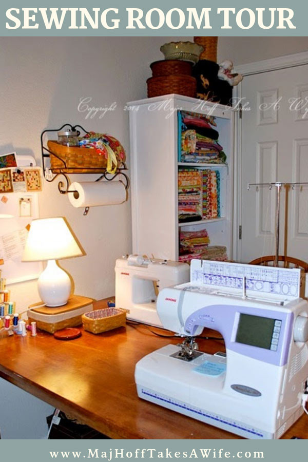 Have a small sewing room? See how I used a kitchen table to hold 2 sewing machines and a serger. Lots of other ideas for craft storage! This basic room will get your creative juices flowing! via @mrsmajorhoff
