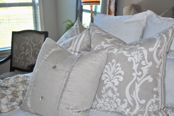 Beautiful Grey Gray fluffy pillows on bed Burlap ruffle pillow cover