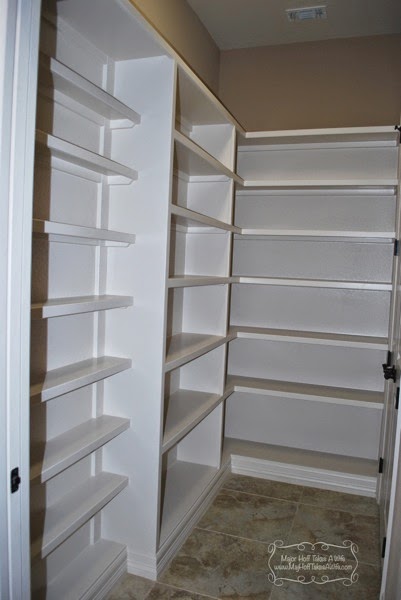 Large pantry with different depth shelves