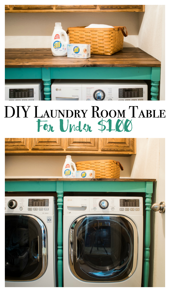 Need an oversized table for the laundry room? This step by step guide shows how you can build a table to cover your front loaders for under $100. No more lost socks falling behind! The farmhouse style is easy to customize to any color! via @mrsmajorhoff