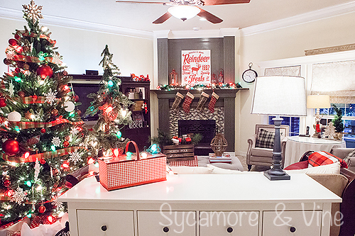 A living room decorated around the plaid Country Christmas theme