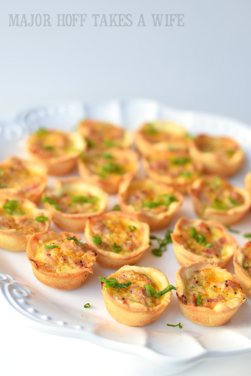 Mini ham puffs on a cake stand make an elegant display and are simply mini quiche that are gluten free!