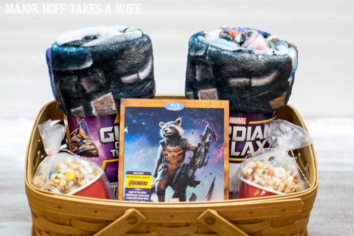 Guardians Of The Galaxy DVD gift basket idea. It's time for a Family Movie Night! You won't want to miss this recipe for the fabulous Movie Munch! Can you guess what the secret ingredient is? Post also shows how to create your own Guardians of the Galaxy Gift Basket, perfect for your favorite super hero fans, or for a Finals Survival kit. #OwnTheGalaxy #CBias #sp #ad