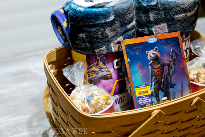 Guardians Of The Galaxy Movie and blanket gift basket. It's time for a Family Movie Night! You won't want to miss this recipe for the fabulous Movie Munch! Can you guess what the secret ingredient is? Post also shows how to create your own Guardians of the Galaxy Gift Basket, perfect for your favorite super hero fans, or for a Finals Survival kit. #OwnTheGalaxy #CBias #sp #ad