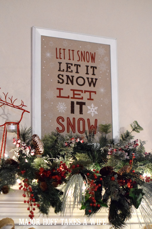 Let it Snow Christmas Mantel with ornaments and burlap