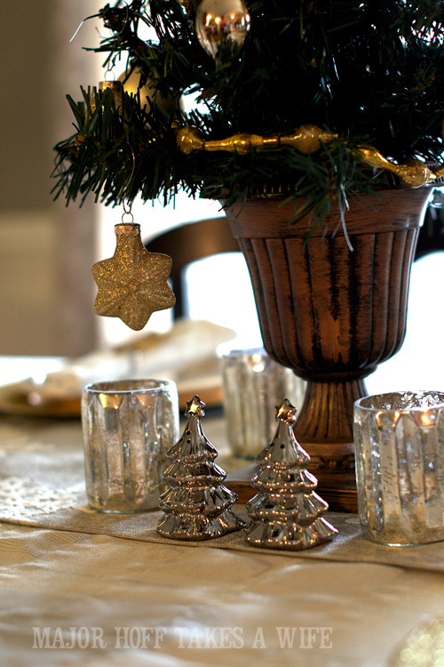 Mercury Glass Christmas Tree salt and pepper shakers. A delightful Dining Room Holiday Tour. See how Mrs Major Hoff decorates for Christmas. The tour features table decorations, dining room decorating ideas, place settings and an idea for  homemade Christmas gift that can be personalized for your holiday guests. This post is part of the Home For The Holidays Blog Tour.