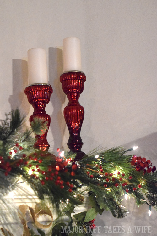 Red Mercury Glass candlesticks on Christmas Mantel