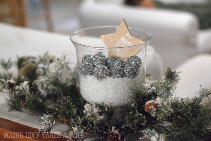 Snow silver glitter balls and birch bark star in a vase