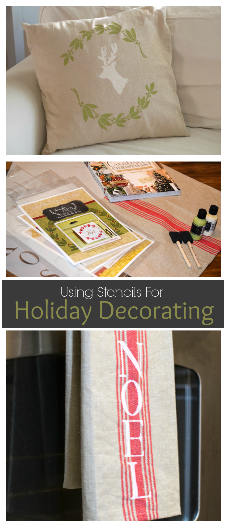 Use Stencils for Easy Holiday Decorating! Deck the Halls! Looking for a way to bring Creativity into your Holiday Decor? Use easy to find items like pillow covers or dish towels, along with stencils to decorate your home for the Holidays. Enjoy crafting your own decorations this Christmas! #Christmas #Holidays #crafts #HolidayIdeas