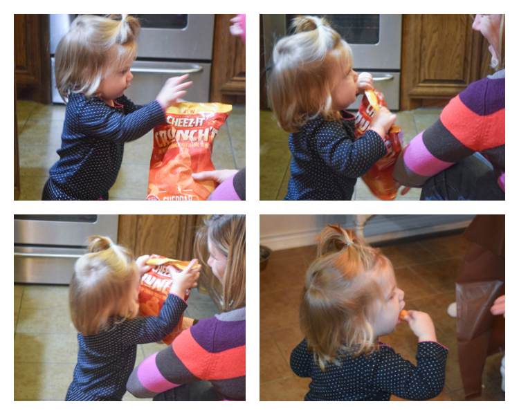 Baby A loves cheez it Crunch'd. An easy to throw party for the Big Game. Features easy party ideas for snacks, dips and decor. Includes a recipe for Roasted Red Pepper Hummus without seeds! #BigGameSnacks #collectiveBias #ad 