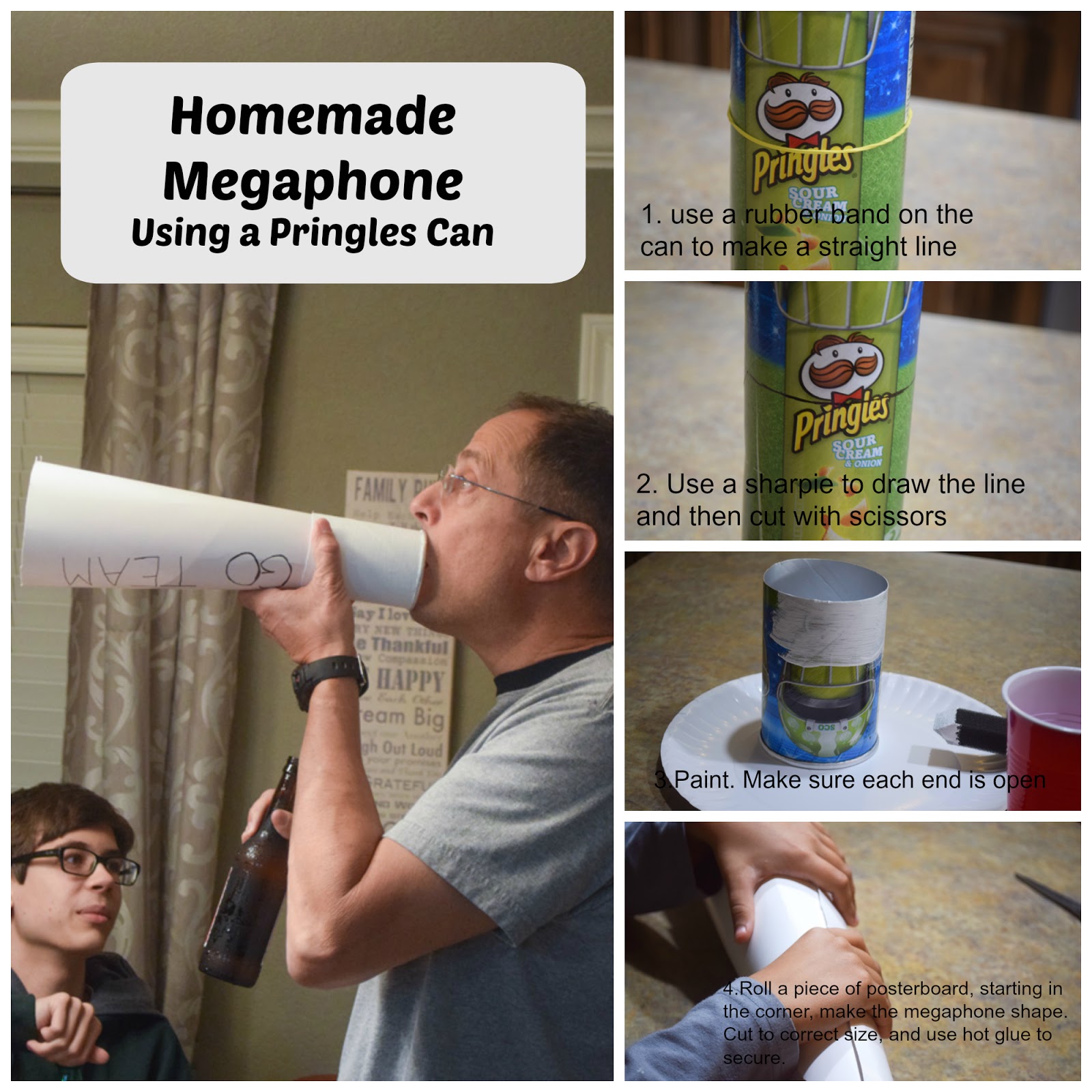 Homemade megaphone using a pringles can. An easy to throw party for the Big Game. Features easy party ideas for snacks, dips and decor. Includes a recipe for Roasted Red Pepper Hummus without seeds! #BigGameSnacks #collectiveBias #ad 