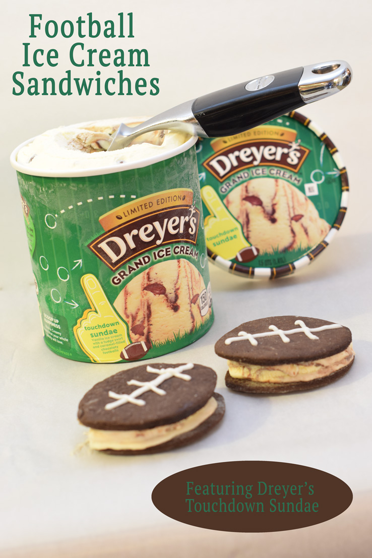 Dreyer's Touchdown Sundae makes the perfect football shaped ice cream sandwiches. Looking for a fun party for your teenage boy? Why not throw a Football video game party? Easy ideas for how to entertain kiddos during the Big Game. Features DiGiorno pizza, personalized football cups, free printable lanyards, and an incredible recipe for football shaped ice cream sandwiches! #GameTimeMVP #CollectiveBias #ad