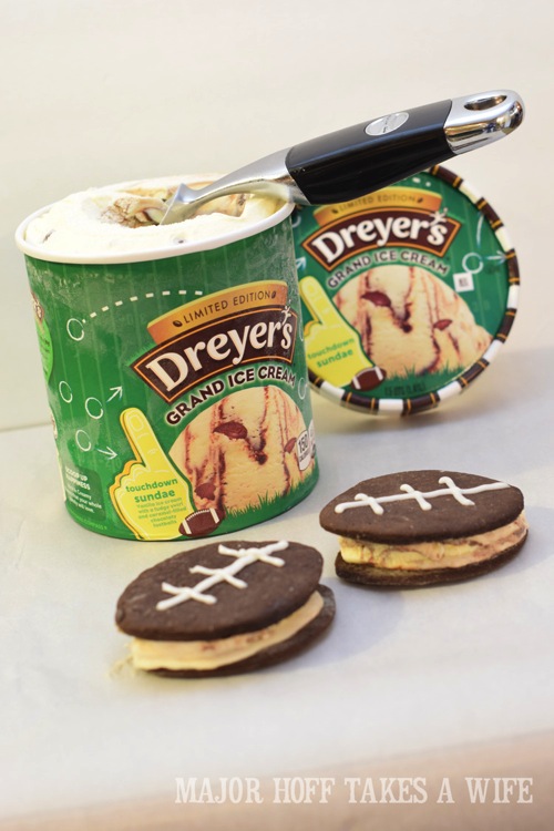 How to make football shaped ice cream sandwiches. Looking for a fun party for your teenage boy? Why not throw a Football video game party? Easy ideas for how to entertain kiddos during the Big Game. Features DiGiorno pizza, personalized football cups, free printable lanyards, and an incredible recipe for football shaped ice cream sandwiches! #GameTimeMVP #CollectiveBias #ad