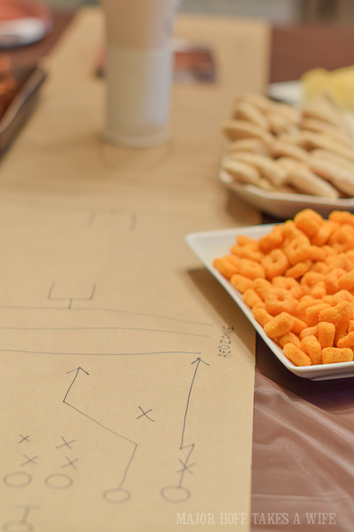 Make your own Football Play table runner. An easy to throw party for the Big Game. Features easy party ideas for snacks, dips and decor. Includes a recipe for Roasted Red Pepper Hummus without seeds! #BigGameSnacks #collectiveBias #ad 