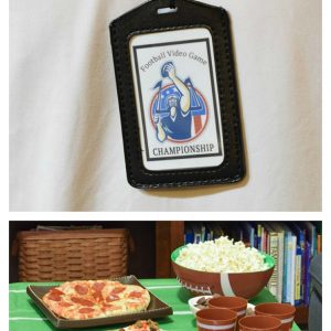 It's Big Game Time! Throw a Teenage Boy Football Video Game Championship Party! Football video game party ideas. Looking for a fun party for your teenage boy? Why not throw a Football video game party? Easy ideas for how to entertain kiddos during the Big Game. Features DiGiorno pizza, personalized football cups, free printable lanyards, and an incredible recipe for football shaped ice cream sandwiches! #GameTimeMVP #CollectiveBias #ad