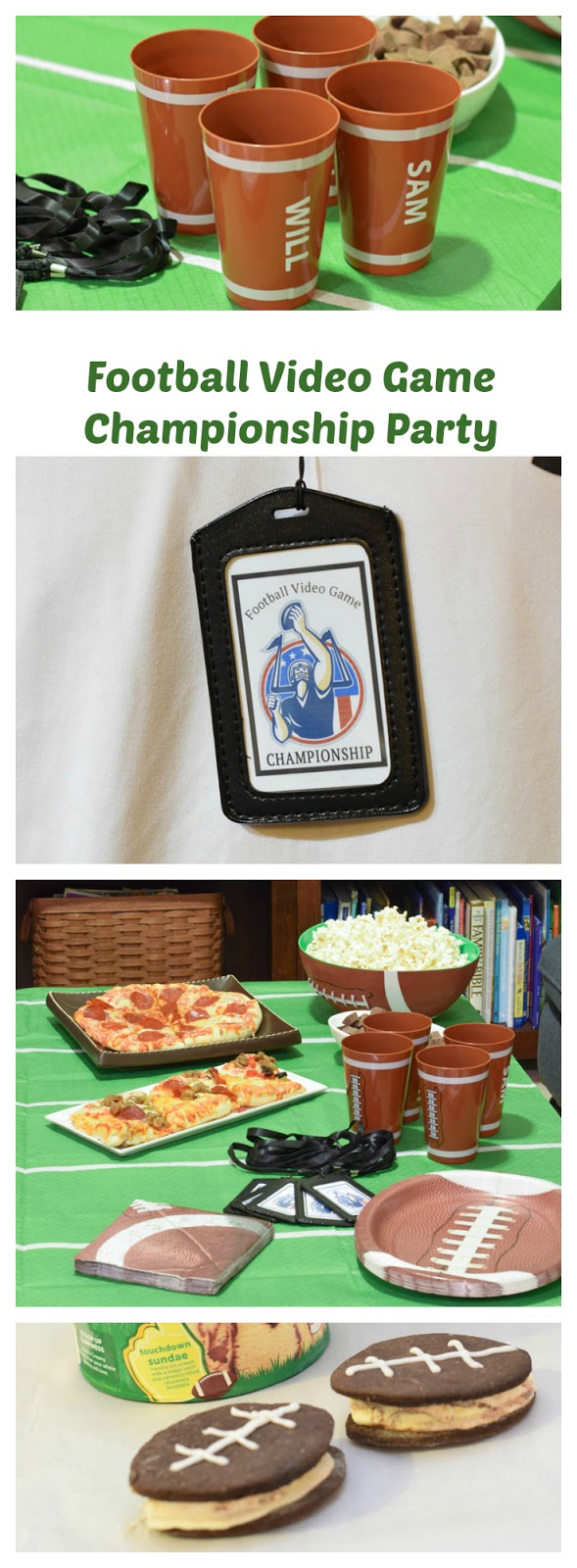 Football video game party ideas. Looking for a fun party for your teenage boy? Why not throw a Football video game party? Easy ideas for how to entertain kiddos during the Big Game. Features DiGiorno pizza, personalized football cups, free printable lanyards, and an incredible recipe for football shaped ice cream sandwiches! #GameTimeMVP #CollectiveBias #ad