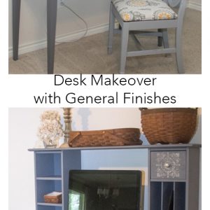 Fab Furniture Flippin' Contest Desk Revamp with General Finishes A standard cherry Target type desk with hutch is revamped with General Finishes Milk Paint in Driftwood. Part of the Fab Furniture Flippin' Contest. Entered into the September 2015 "geometric" contest. Stencil design used on drawers. #paint #milkpaint #generalfinishes #FFFC #furniture #flip