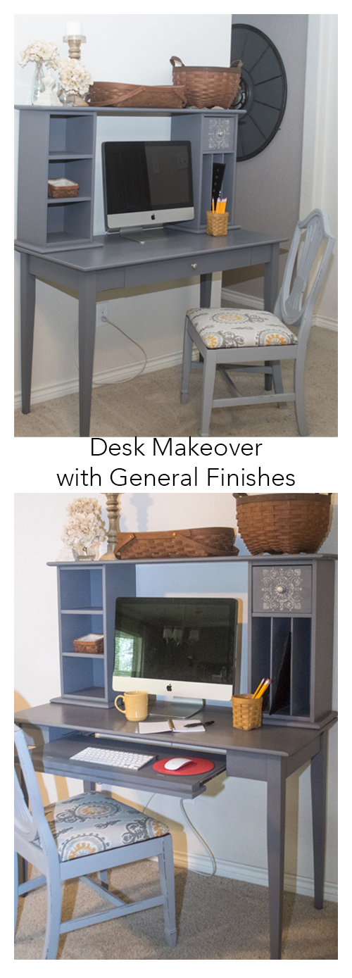 A standard cherry Target type desk with hutch is revamped with General Finishes Milk Paint in Driftwood. Part of the Fab Furniture Flippin' Contest. Entered into the September 2015 "geometric" contest. Stencil design used on drawers. #paint #milkpaint #generalfinishes #FFFC #furniture #flip