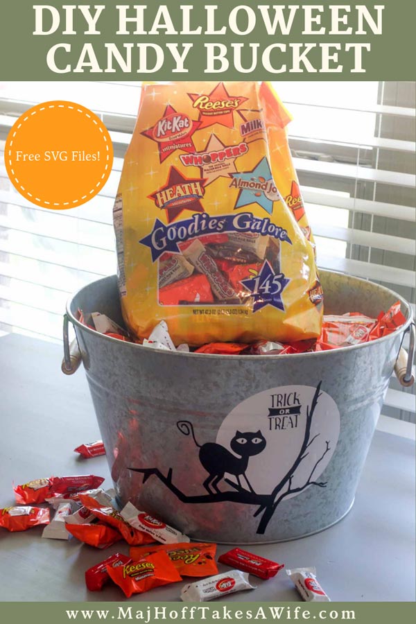 This DIY Halloween Candy bucket filled with candy for kids is easy to DIY with vinyl cut on your Cricut or other SVG machine. The FREE Halloween SVG files for this project are just the start of awesome Halloween ideas! #Halloween #CandyBucket #FREESVG #Cricut #MHTAW via @mrsmajorhoff
