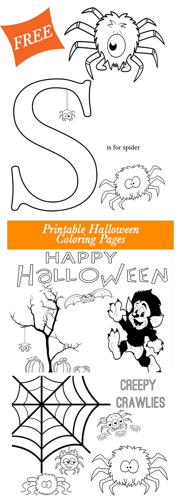 Get these free Halloween Printable coloring pages from Major Hoff Takes A Wife. Super cute pages feature friendly spiders, the letter S and a few other Halloween themed items. Enjoy!