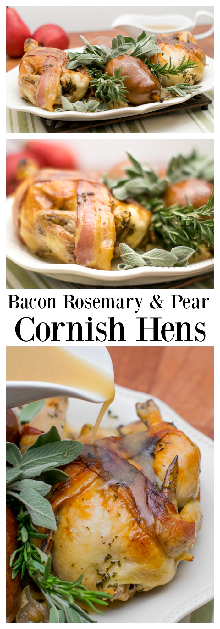#ad #holidayhens This wonderful rustic winter recipe for Cornish Hens made with fresh rosemary, sage and garlic and topped with bacon will be the hit of your holiday party!