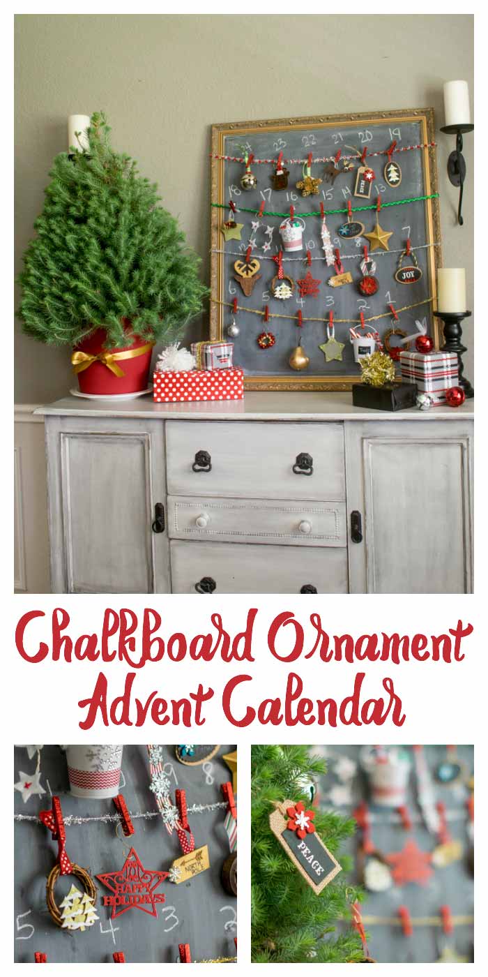 Chalkboard Ornament Advent Calendar using a tabletop tree and an oversized chalkboard to hold 24 ornaments