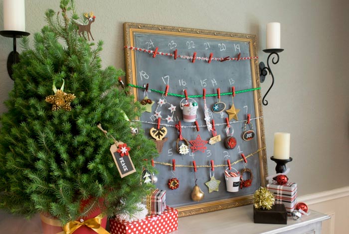 a simple chalkboard ornament DIY advent calendar in a dining room