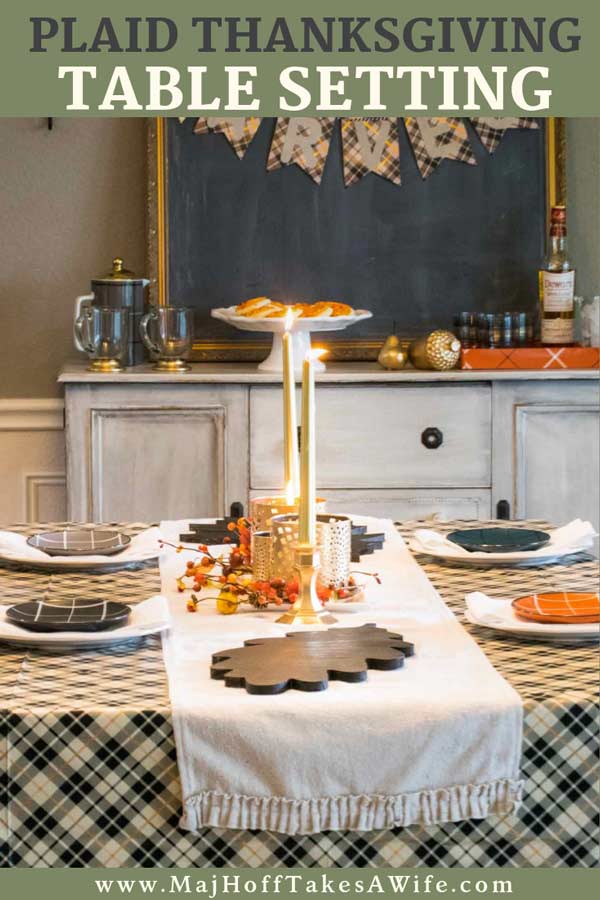 Looking for simple Thanksgiving table ideas? This elegant plaid DIY tables cape features candles, gilded candle holder centerpieces, a table runner on top of a table cloth and more! See how to add Plaid decorations to your place settings to get a classic timeless look. The hints of gold will really make your dining room shine! #Thanksgiving #tablescape #MHTAW via @mrsmajorhoff
