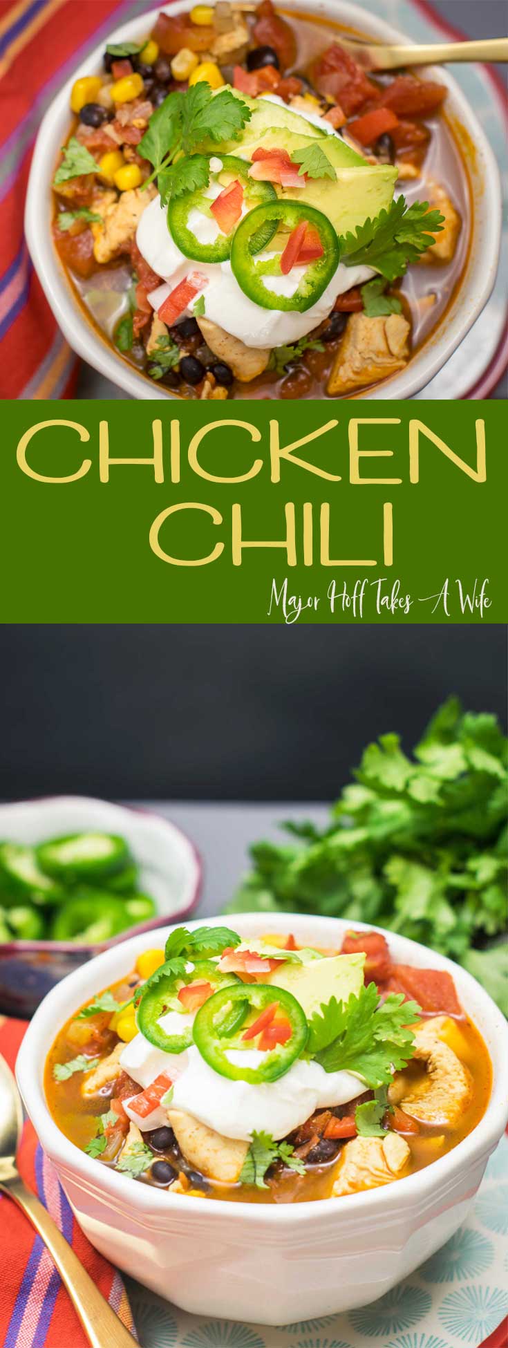 You will adore this chipotle chicken chili! A perfect recipe to warm you up! This chicken chili recipe features chipotle, black beans, corn and spices. #chili #ChickenChili #comfortfood #soup #chickenrecipes via @MrsMajorHoff via @mrsmajorhoff