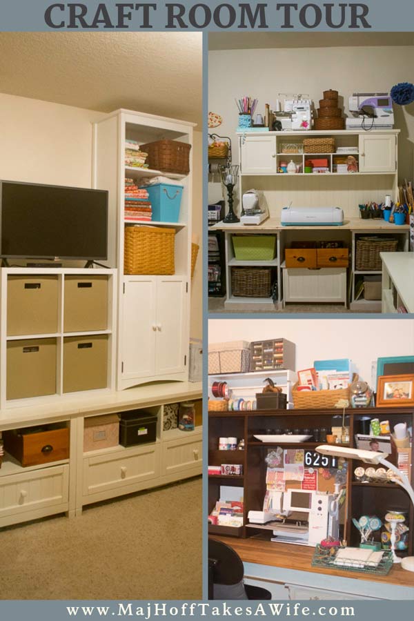 This craft room features 2 DIY Farmhouse style desk / tables and more storage pieces picked up for extra organization. Clever ideas for storage of all your essentials while on a budget! via @mrsmajorhoff
