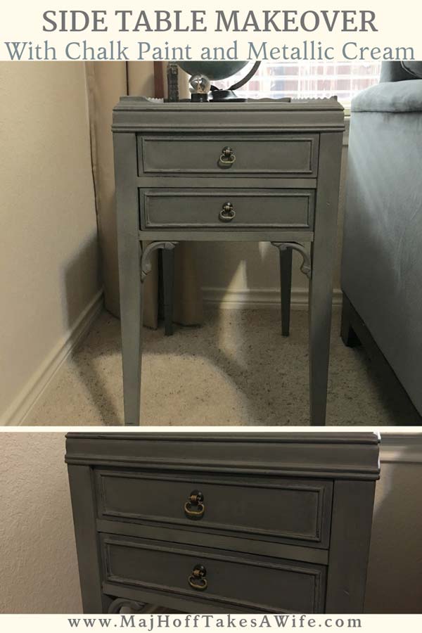 A fun side table gets a makeover with Country Chic All in One paint and Country Chic Metallic Accent Cream. Be sure to see the step by step process to making this little table **Sparkle**. Chalk paint makes for less prep work and the accent cream gives a nice shimmer. A perfect way to jazz up your DIY furniture painting projects! via @mrsmajorhoff
