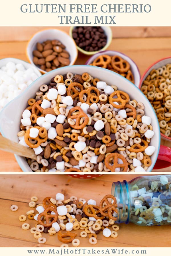 Gluten Free Cheerios Trail Mix is a perfect on the go snack. This easy recipe features gluten free pretzels, marshmallows and nuts. Enjoy your favorite childhood cereal in a whole new way! via @mrsmajorhoff