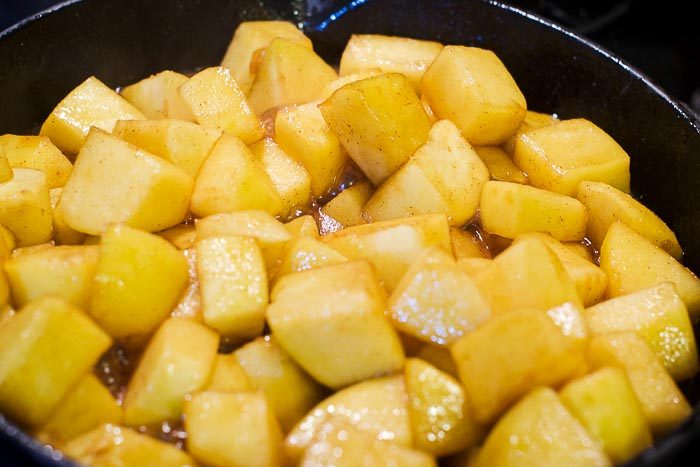 caramelizing apples in a cast iron skillet