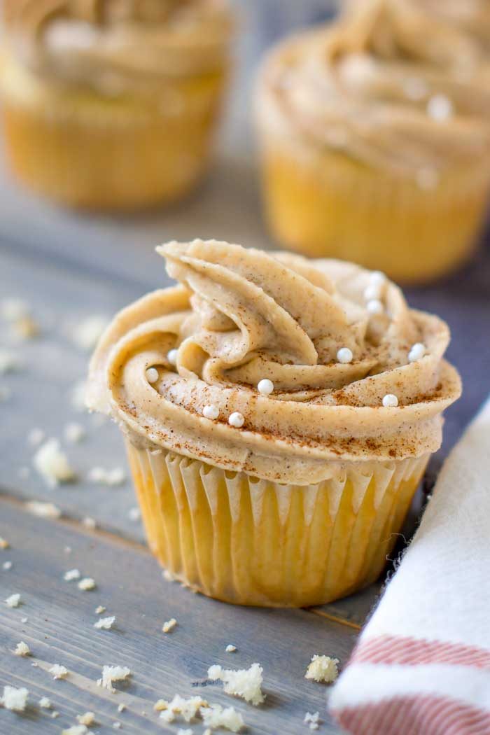 Cinnamon Maple Buttercream frosting to top snickerdoodle inspired cupcakes.