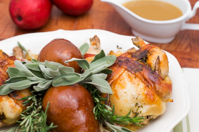 Cornish Hens with Pears, Bacon and Chestnut