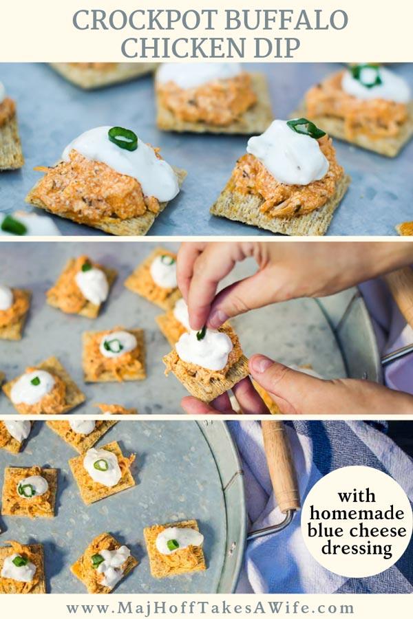 Game day appetizers never tasted so good!  Buffalo chicken dip crock pot bites feature a savory buffalo sauce, shredded chicken topped with a homemade blue cheese dressing! Perfect tailgating food since it uses the crock pot! #GameDay #appetizers #buffalochicken #crockpot #slowcooker #buffalochicken #diprecipe #footballfood via @mrsmajorhoff