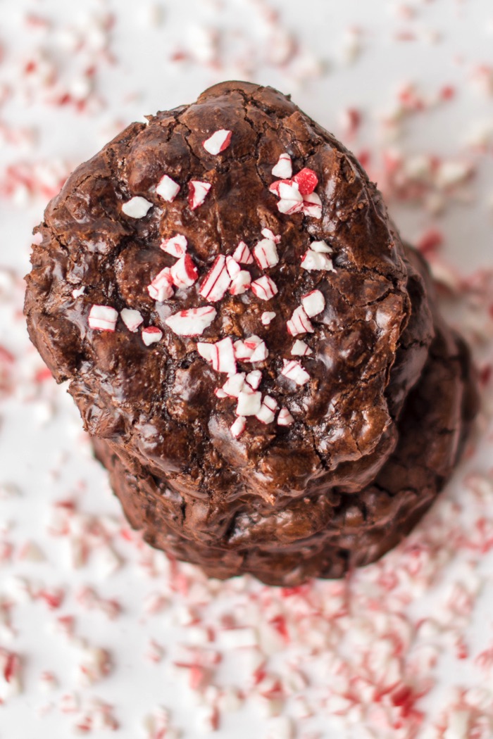 Flourless chocolate cookies have a rich, chewy fudge like flavor and are a decadent holiday treat when topped with crushed peppermint candies.