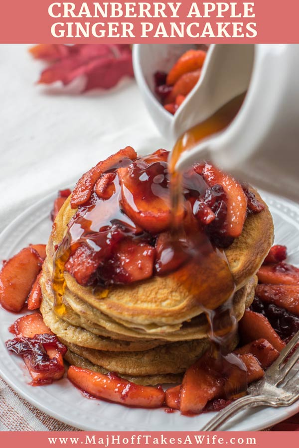 These cranberry apple ginger pancakes are great for Christmas breakfast or all winter long! Top with maple syrup in addition to the homemade cranberry apple sauce (made from leftover cranberry sauce, or from a can!). This easy gingerbread style pancake recipe will be your new favorite for weekend brunch! #Christmasbreakfast #brunch #cranberry #pancakes via @mrsmajorhoff