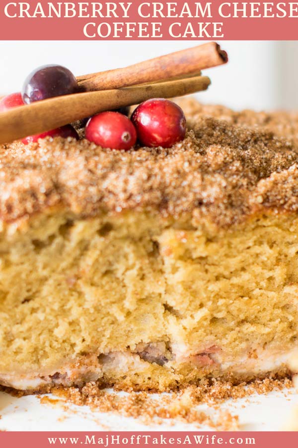 A cream cheese coffee cake loaded with cinnamon, cranberries, and cream cheese that just sets it over the top and makes it prefect for a holiday breakfast! Perfect recipe for those holiday brunches! You'll love this moist dense cake for breakfast or a snack! #holidayrecipe #Christmasbreakfast #cranberry #coffeecake #creamcheese via @mrsmajorhoff