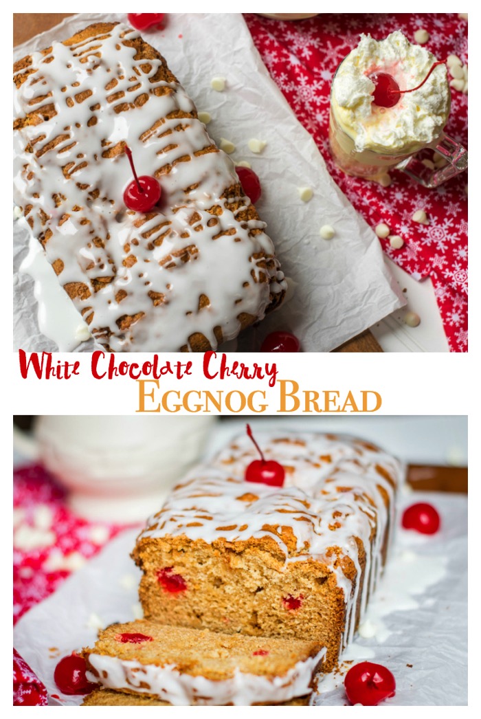 Put a cherry on it! This easy quick bread will satisfy your holiday sweet tooth! This easy quick bread recipe features white chocolate chips, maraschino cherries and delicious holiday eggnog. Perfect for Christmas breakfast, lunch, or snack. #sp