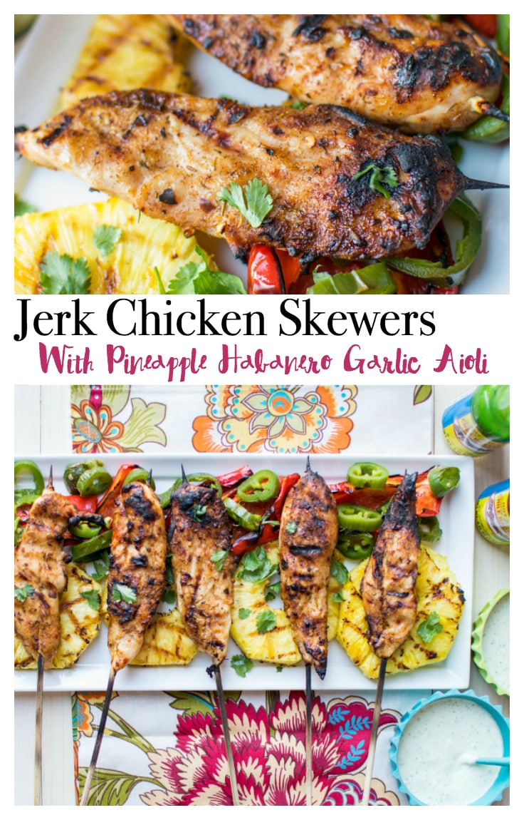 Jerk Chicken Skewers are grilled on the BBQ after soaking in a flavorful marinade. Served with a spicy and tangy Pineapple Habanero Garlic Aioli Sauce! Perfect for your Game Time Party! An easy appetizer that is FULL of Flavor! via @mrsmajorhoff