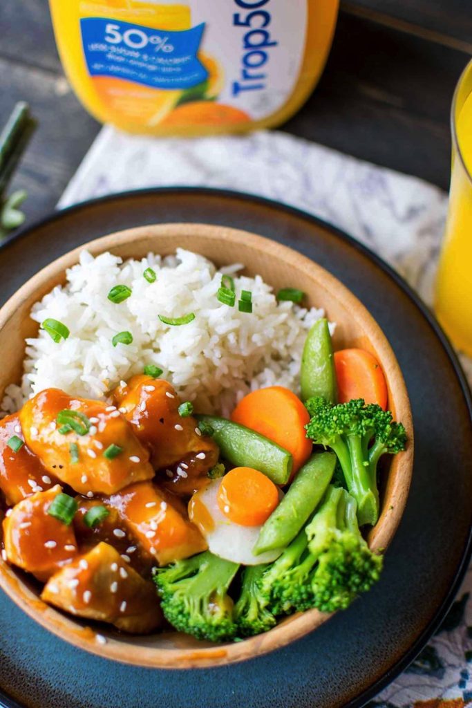 healthy orange chicken with rice and veggies for lunch