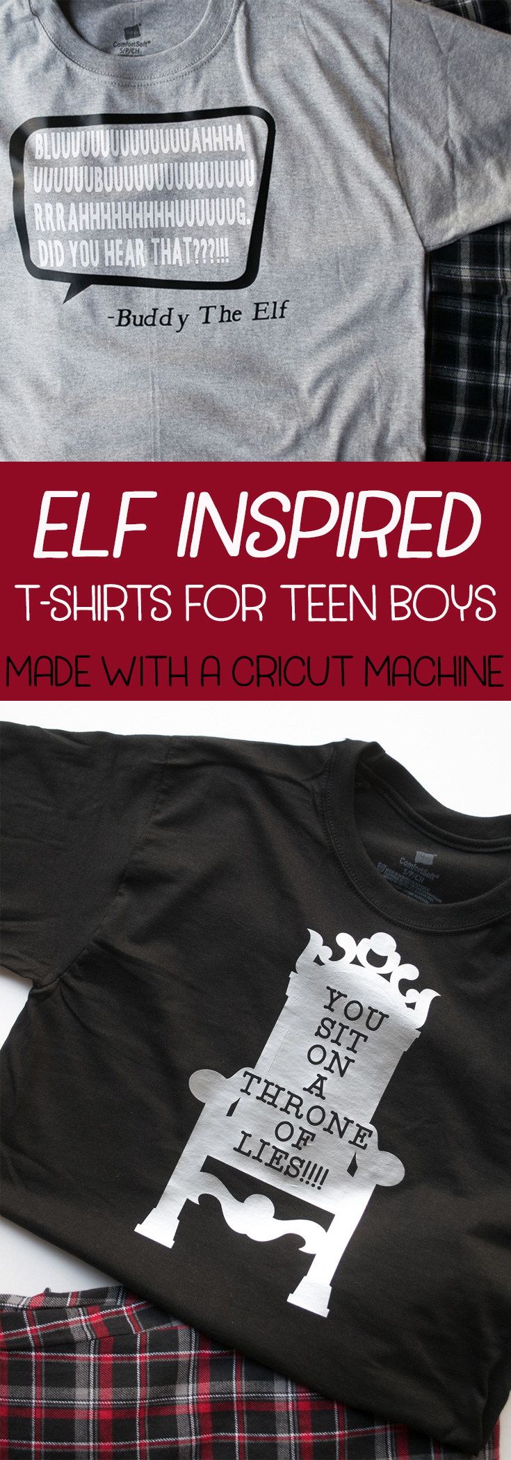 Two of your favorite Elf quotes are turned into easy to recreate iron on vinyl templates for simple DIY holiday tee shirts on your Cricut machine!
