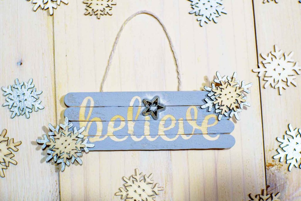 Mini Pallet Believe Ornament with Snowflakes