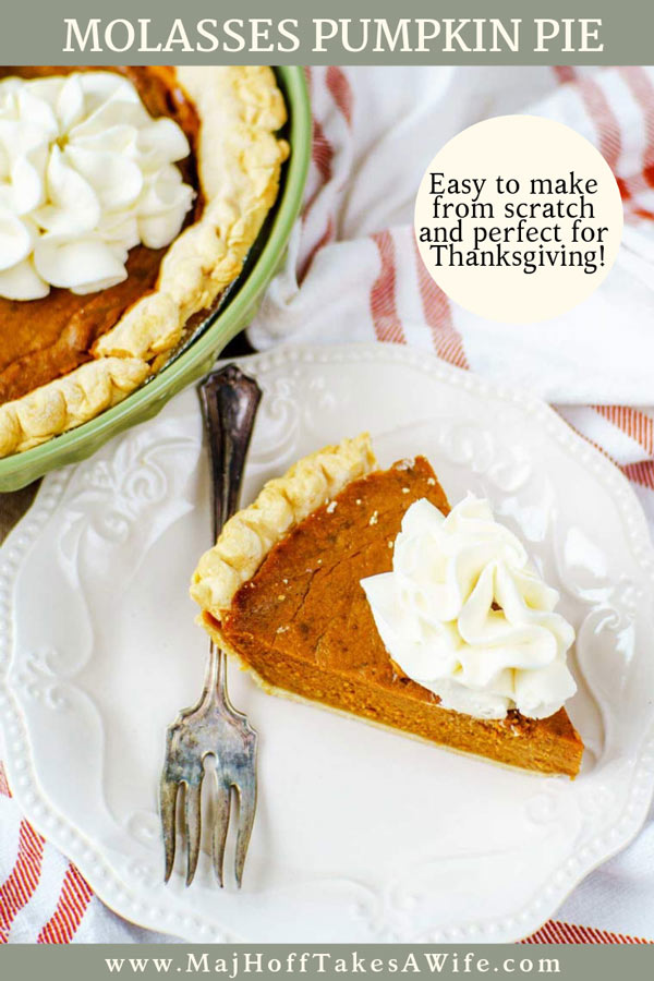 Homemade molasses pumpkin pie is a perfect traditional dessert for your Thanksgiving feast! This old fashioned pumpkin pie recipe is deceptively easy and made from scratch. The filling has the standard pumpkin pie filling with the most common spice mixture, but molasses is added in. There is no evaporated milk, another surprise gives the pie it’s lift. via @mrsmajorhoff