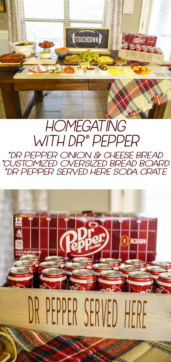 Homegating with Dr Pepper: Dr Pepper onion & cheese bread, DIY Customized oversized bread board, Dr Pepper Served here soda crate #ad @DrPepper #homegatechamp via @mrsmajorhoff