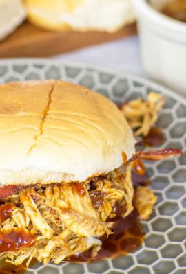 Pulled chicken sliders will be your new favorite snack on game day! They also make a quick weeknight meal full of flavor. Stacked with caramelized onion, pulled chicken breast covered in a spicy bbq rub, maple bbq sauce and a special ingredient you'd never guess! All made in a pressure cooker to save you time!
