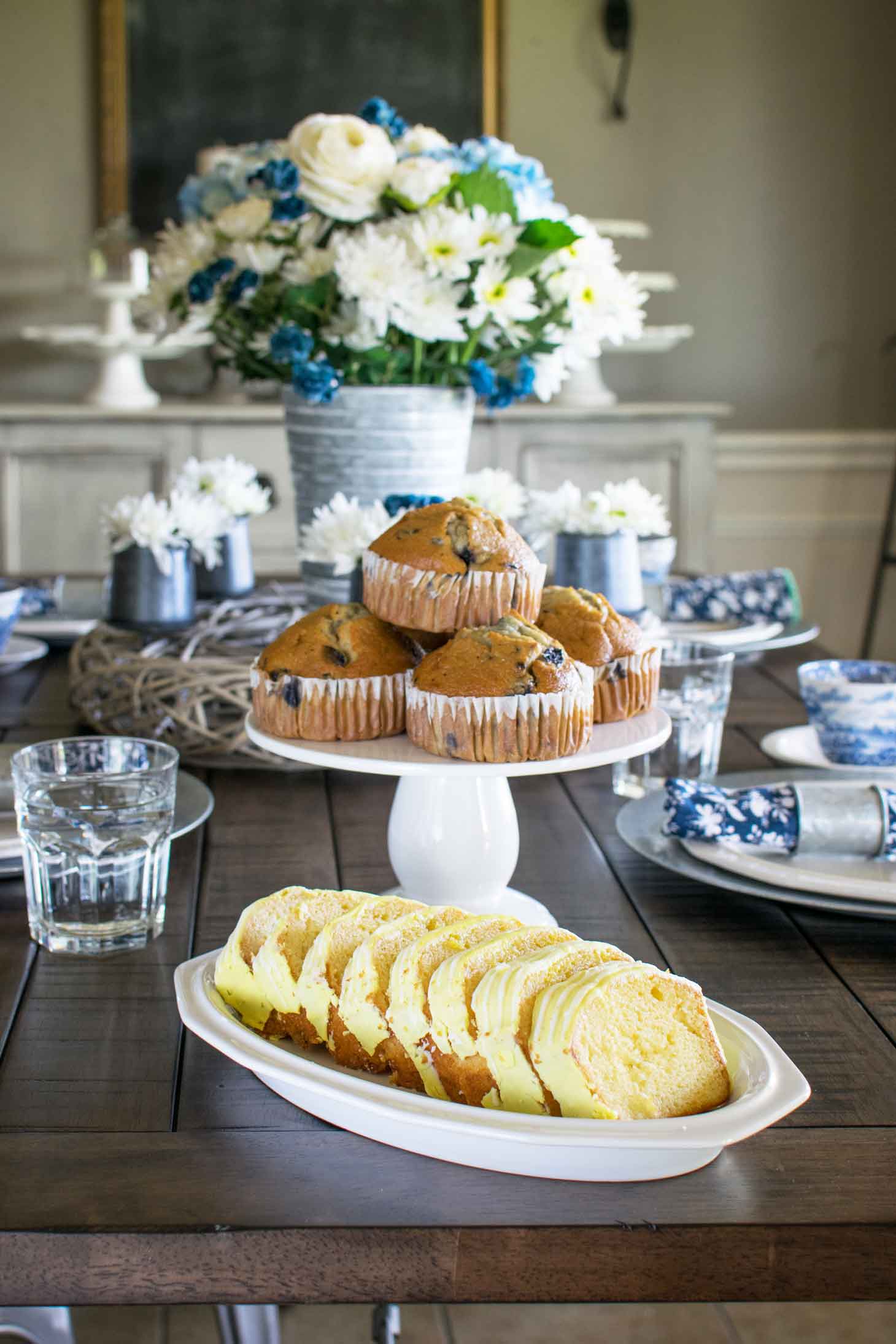 blueberry muffins for a pretty blue and white brunch decor theme