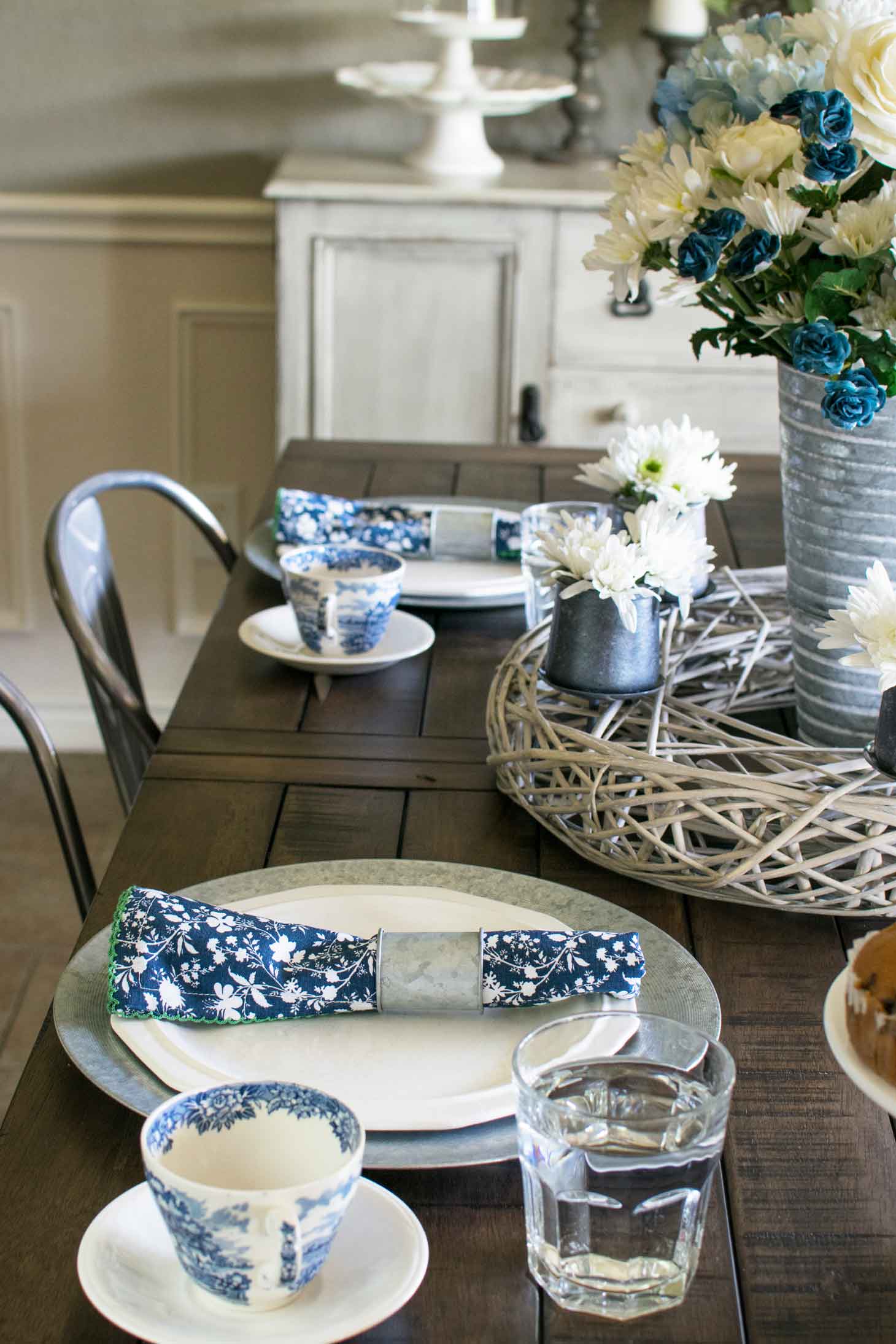 blue and white antique pottery makes a pretty spring table setting